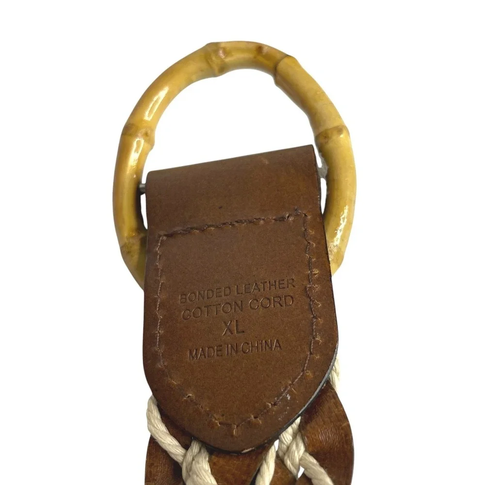 Womens Brown Braided Bonded Leather Cotton Cord Belt Bamboo Buckle Size XL